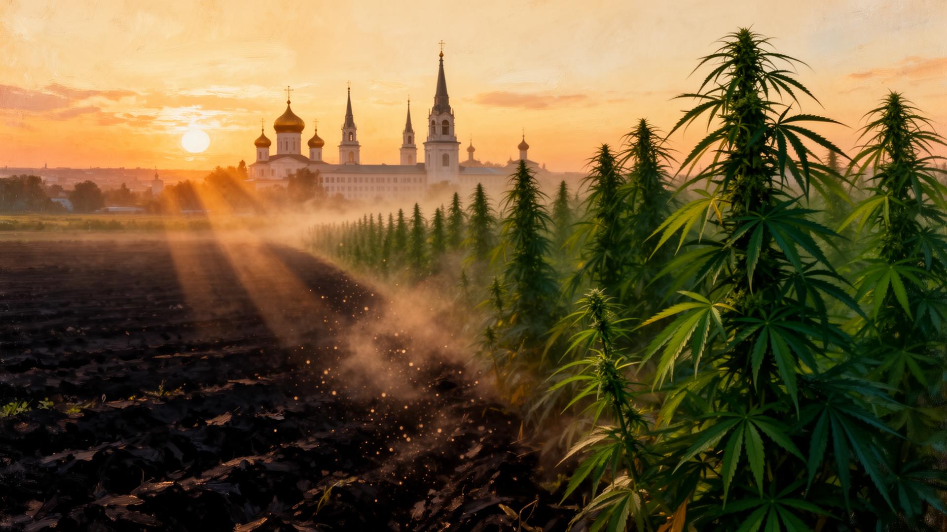 Voronjež — črna zemlja in šestmetrska konoplja ob obzorju s pravoslavnimi kupolami